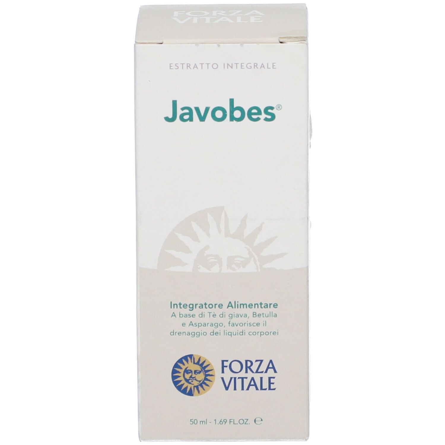 Confezione con scritta Javobes, Integratore Alimentare. Con logo e testo. 50 ml.