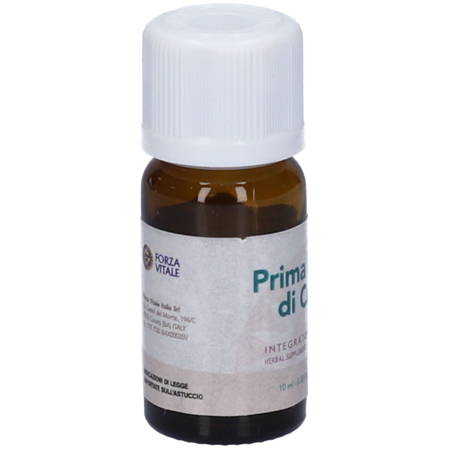 Flacone di vetro marrone con tappo bianco. Etichetta con nome del prodotto e logo.