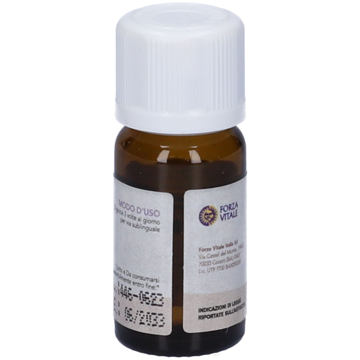 Retro di un flacone di vetro marrone con tappo bianco. Etichetta con testo e data.