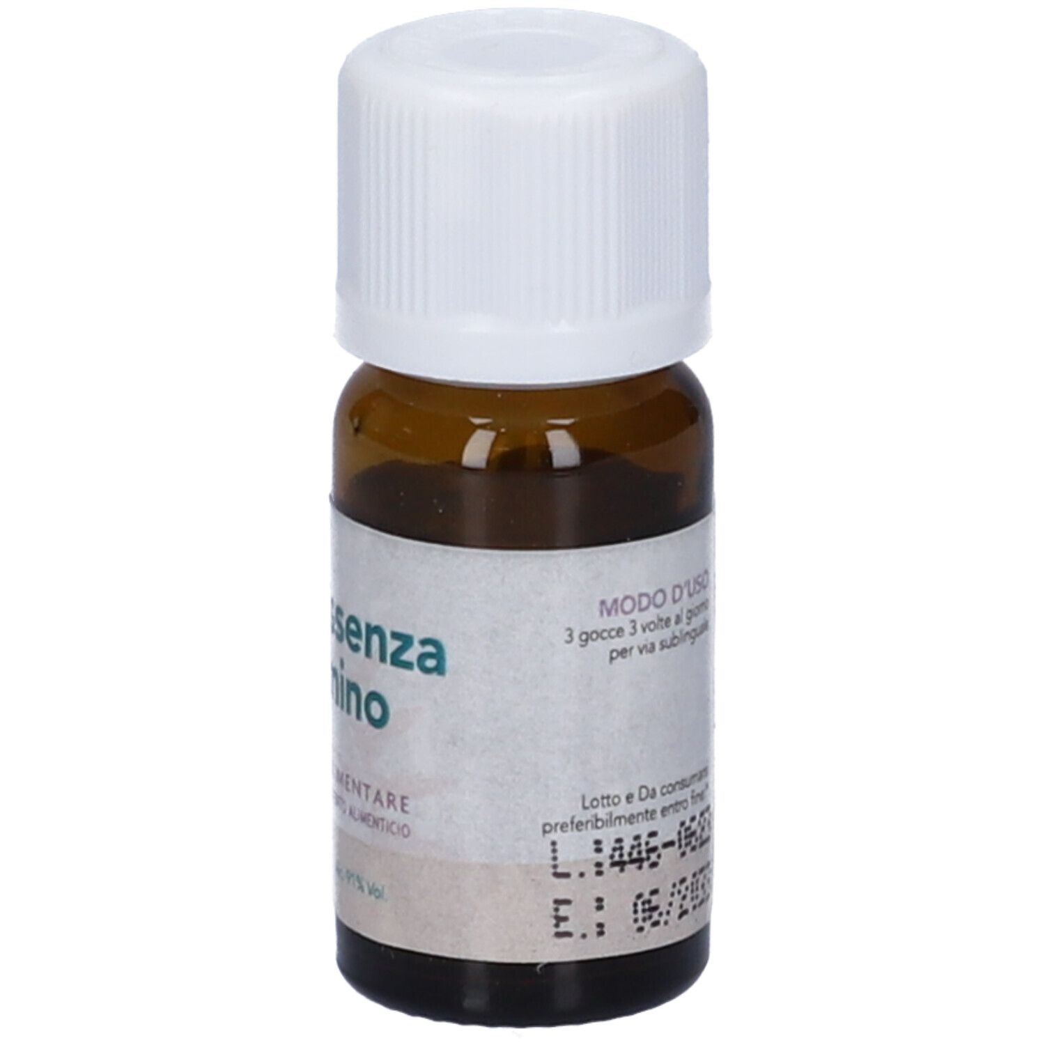 Flacone di vetro marrone con tappo bianco. Etichetta con nome del prodotto e dosaggio.
