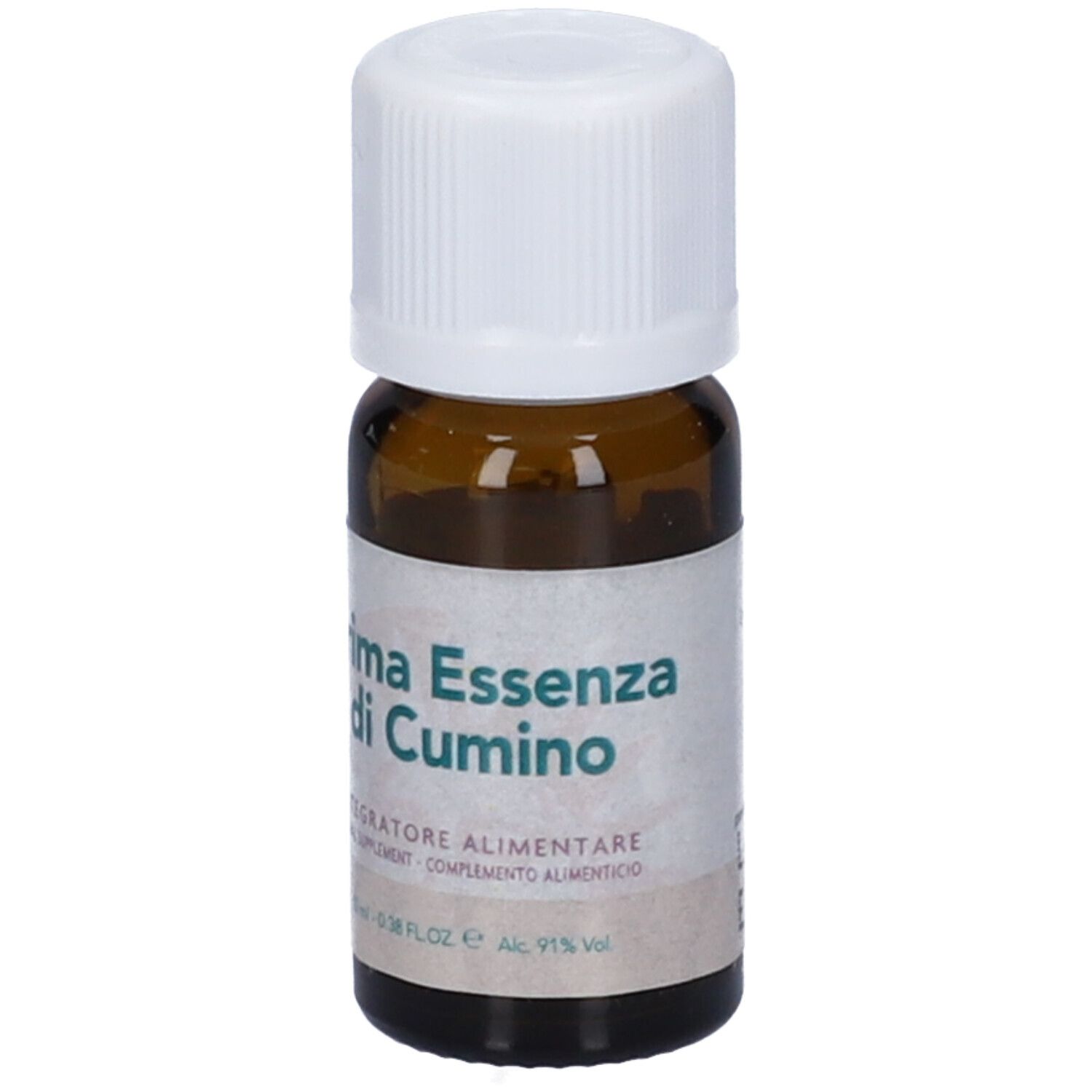 Flacone di vetro marrone con tappo bianco. Etichetta con nome del prodotto e informazioni.