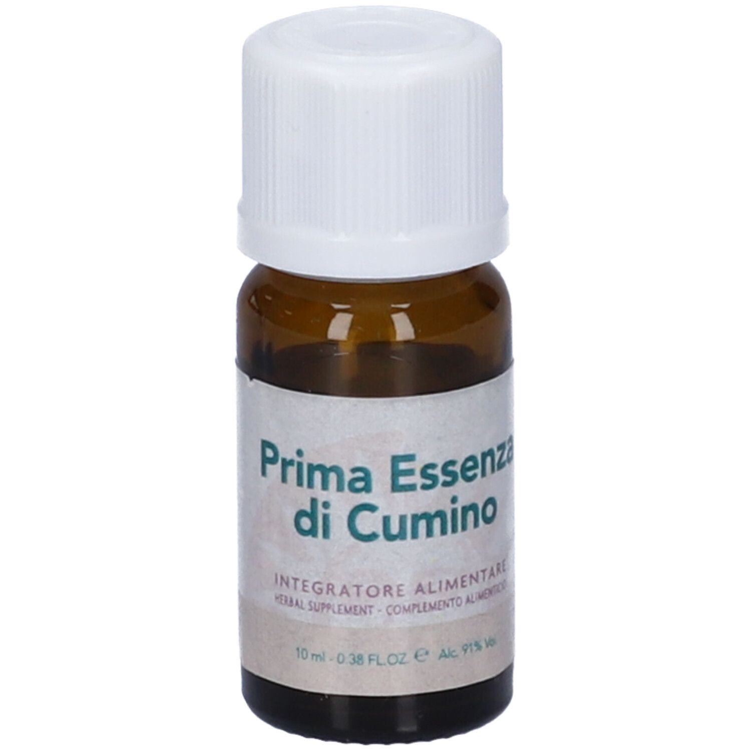 Flacone di vetro marrone con tappo bianco. Etichetta con nome del prodotto e informazioni.