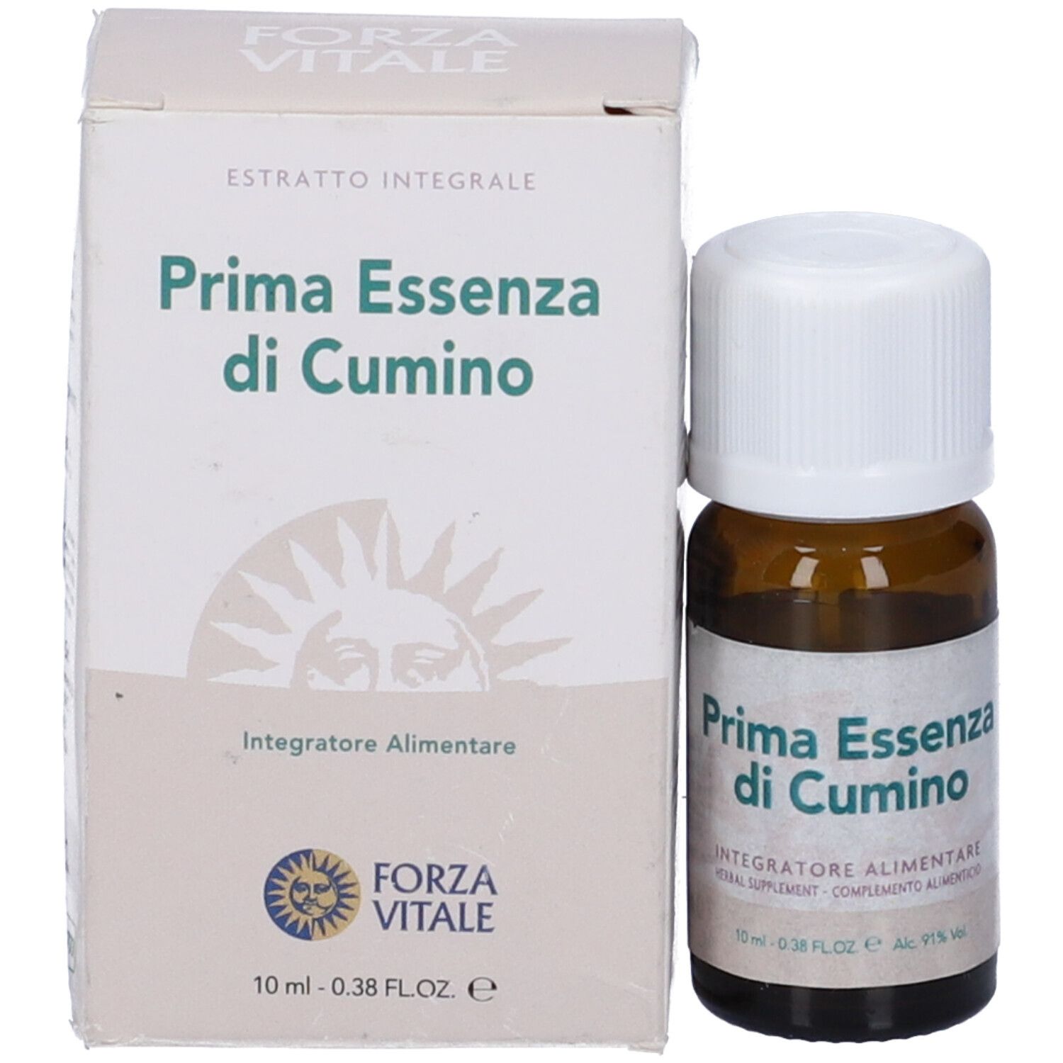 Flacone e confezione del prodotto. Flacone marrone con tappo bianco, scatola con nome.