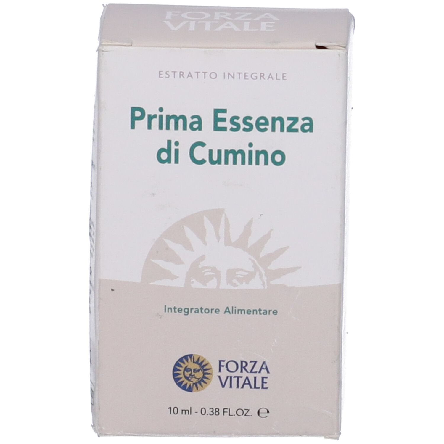 Confezione in cartone con nome del prodotto e logo. Scatola bianca con testo verde.