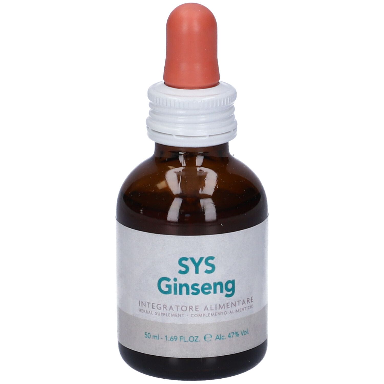 Flacone di vetro marrone con contagocce. Scritta: SYS Ginseng, Integratore Alimentare. 50 ml, 47% Alc.