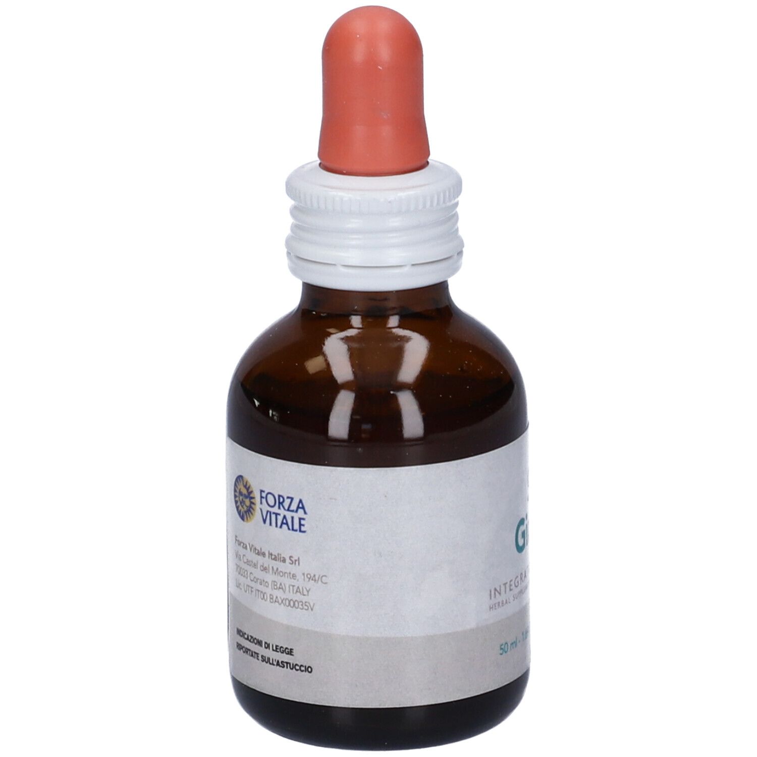 Flacone di vetro marrone con contagocce. Scritta: SYS Ginseng, Integratore Alimentare. 50 ml, 47% Alc.