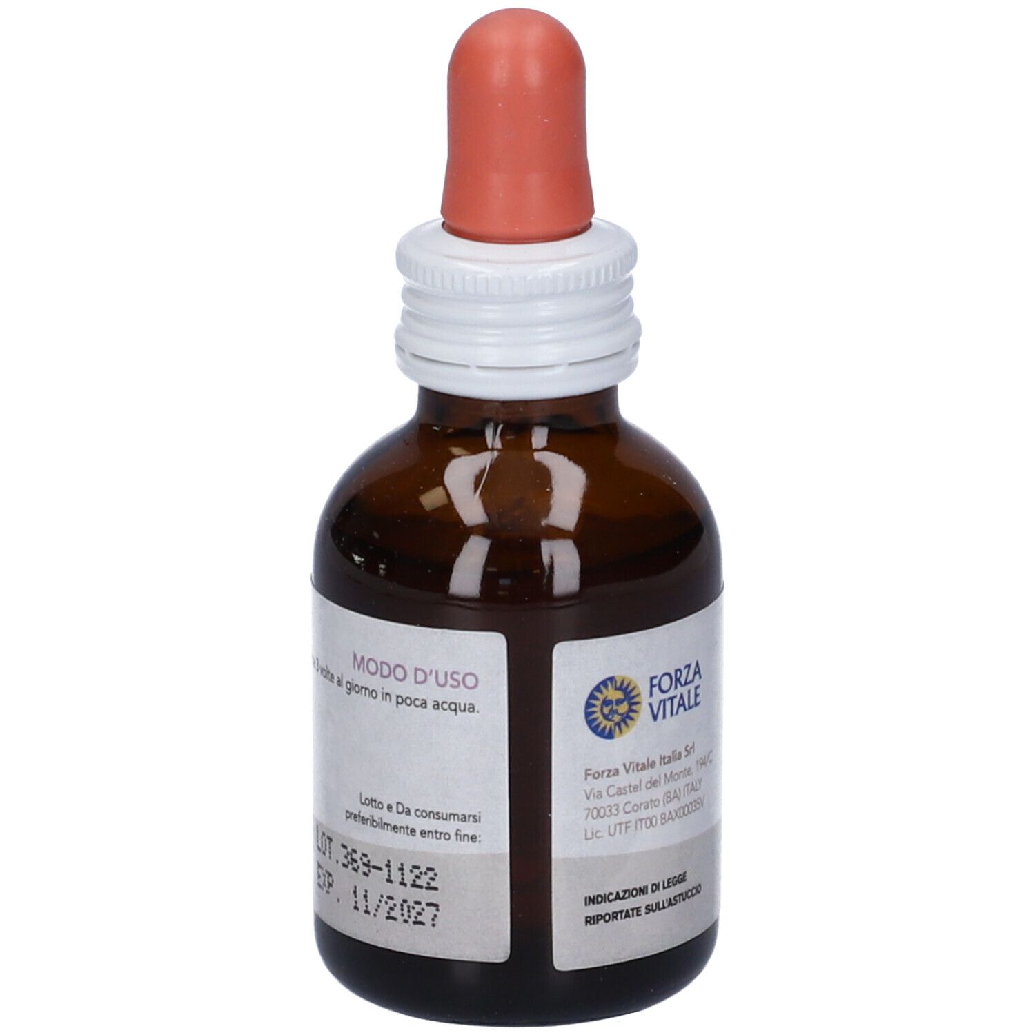 Flacone di vetro marrone con contagocce. Scritta: SYS Ginseng, Integratore Alimentare. 50 ml, 47% Alc.