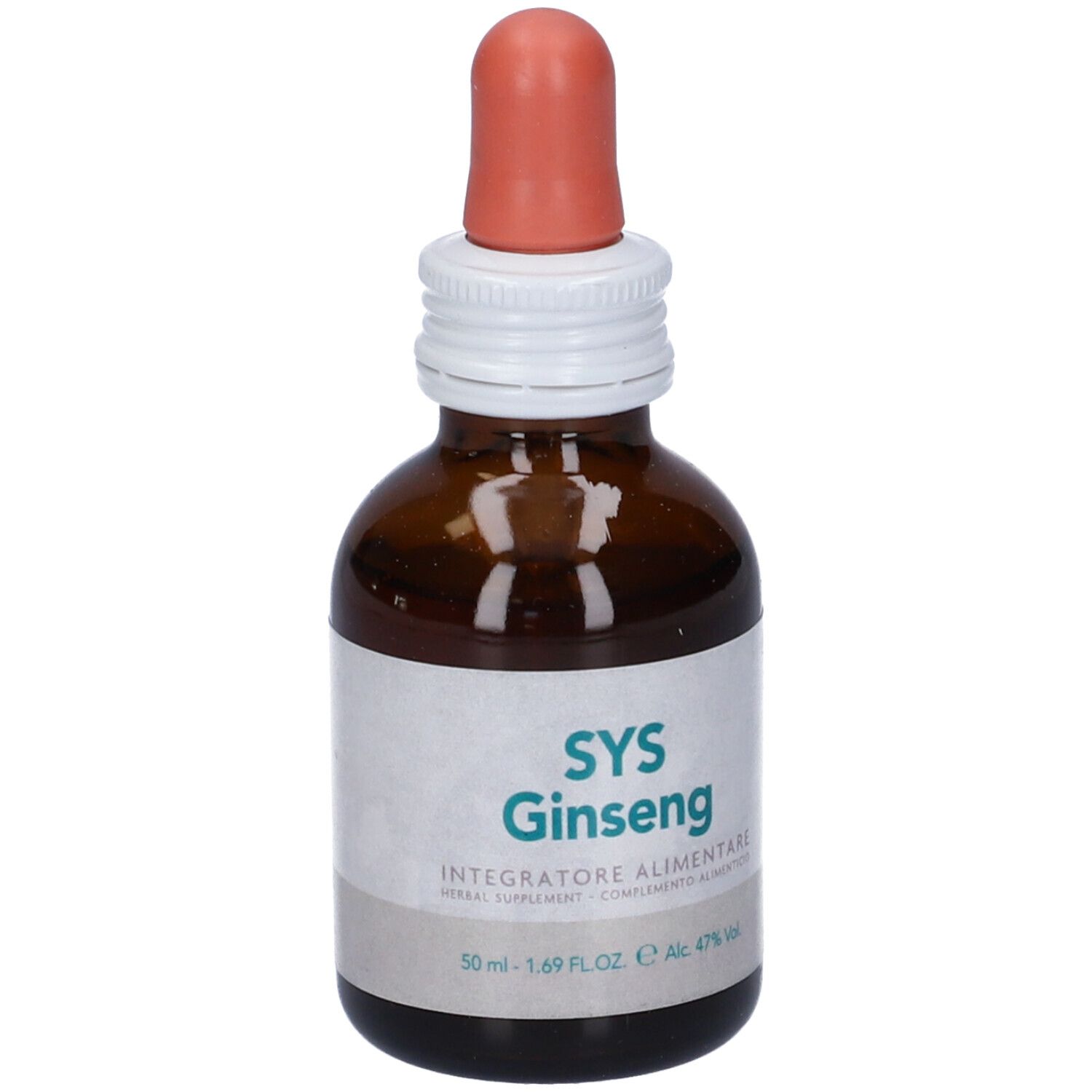 Flacone di vetro marrone con contagocce. Scritta: SYS Ginseng, Integratore Alimentare. 50 ml, 47% Alc.