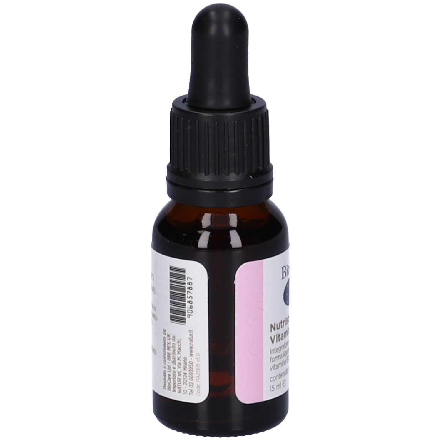 Flacone contagocce marrone con contagocce nero. Etichetta con informazioni sul prodotto. Scritta: Nutrisorb Vitamin B12.