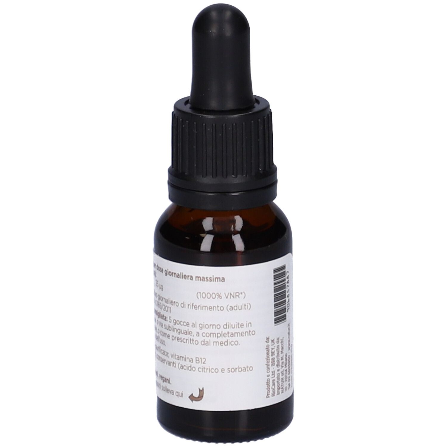 Flacone contagocce marrone con contagocce nero. Etichetta con informazioni sul prodotto. Scritta: Nutrisorb Vitamin B12.