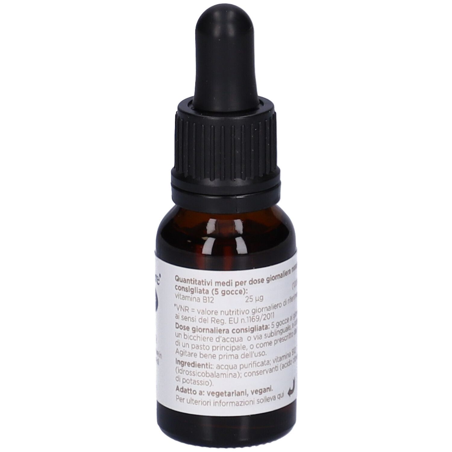 Flacone contagocce marrone con contagocce nero. Etichetta con informazioni sul prodotto. Scritta: Nutrisorb Vitamin B12.