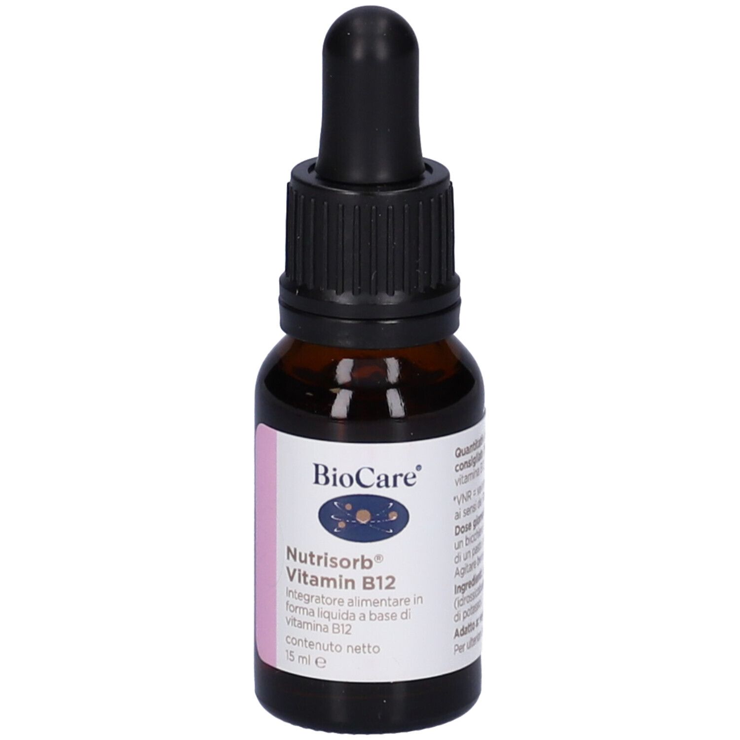 Flacone contagocce marrone con contagocce nero. Etichetta con informazioni sul prodotto. Scritta: Nutrisorb Vitamin B12.