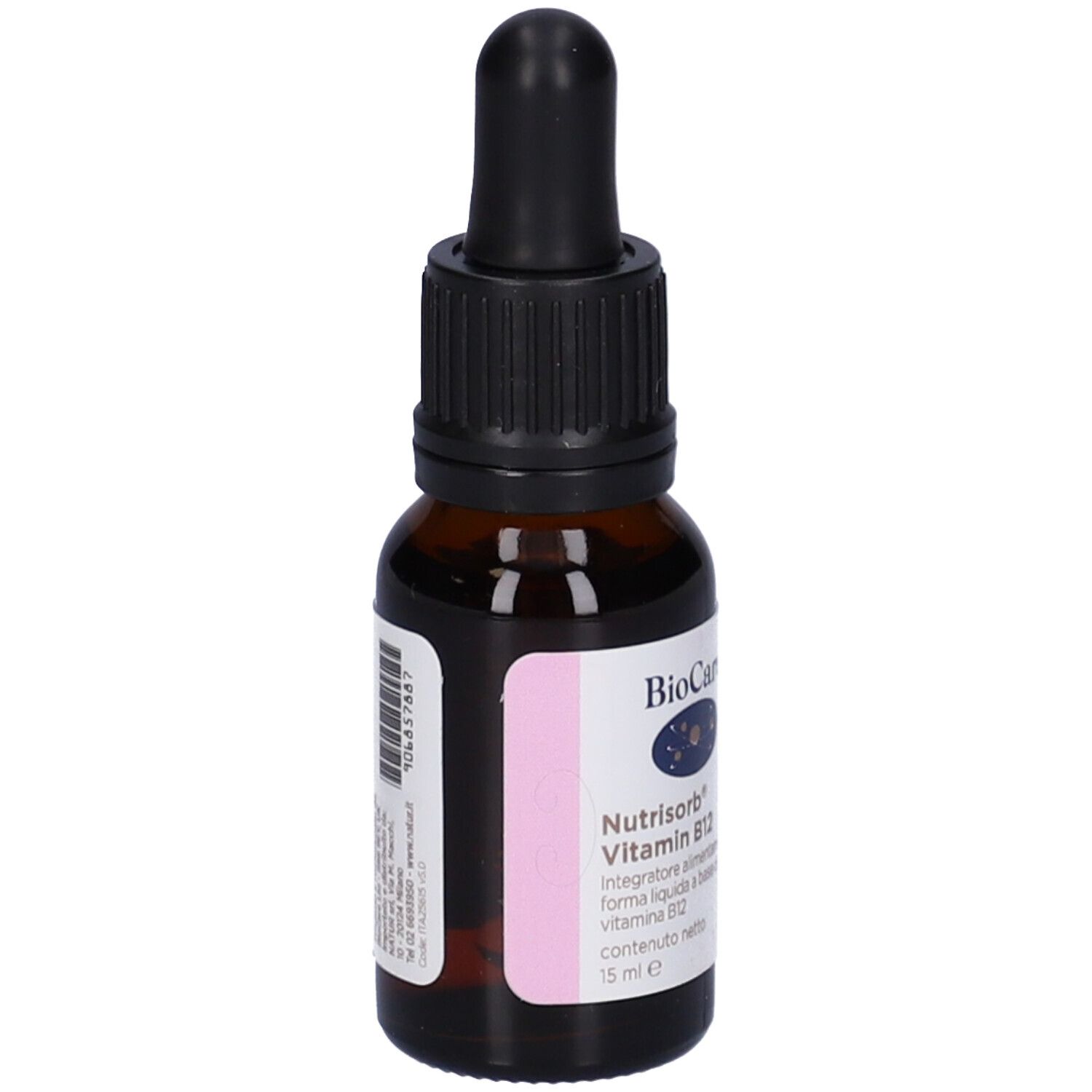 Flacone contagocce marrone con contagocce nero. Etichetta con informazioni sul prodotto. Scritta: Nutrisorb Vitamin B12.