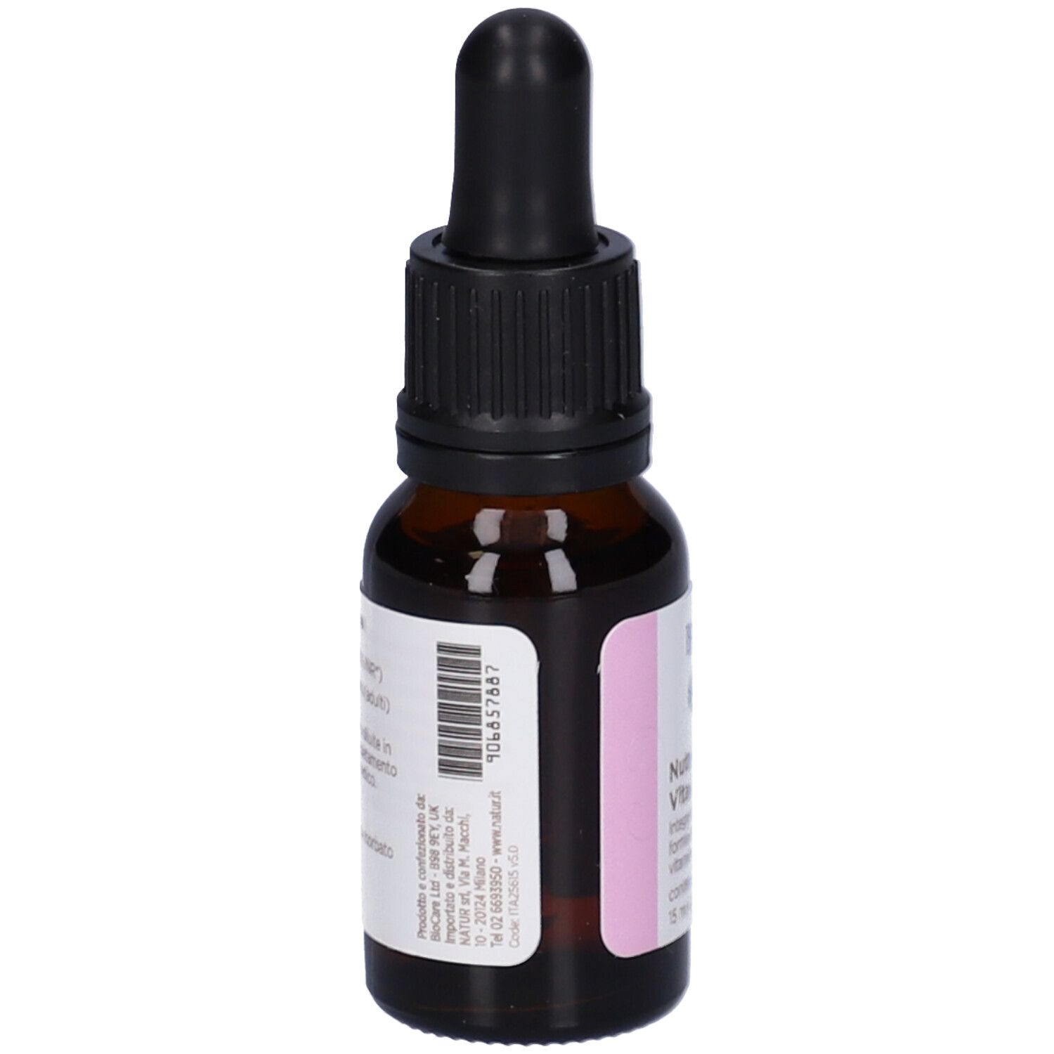Flacone contagocce marrone con contagocce nero. Etichetta con informazioni sul prodotto. Scritta: Nutrisorb Vitamin B12.