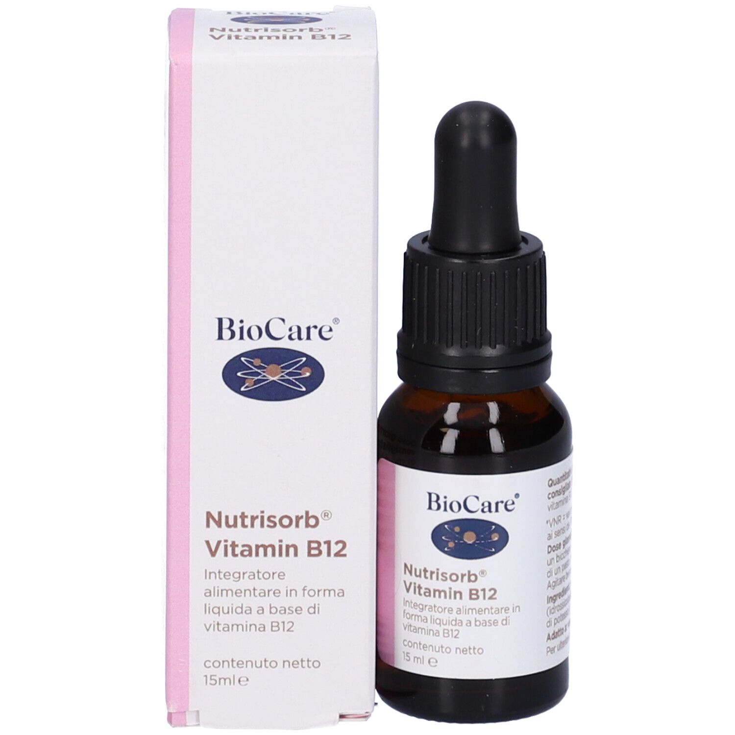 Confezione del prodotto con flacone. Scritta: BioCare, Nutrisorb Vitamin B12, 15 ml.