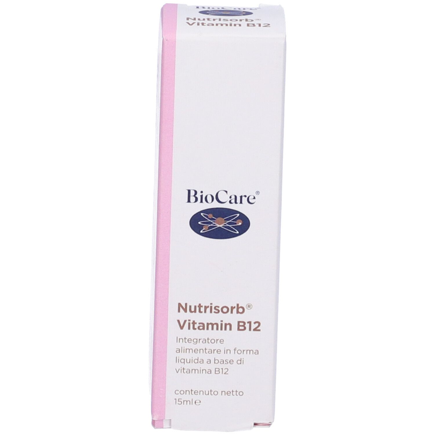 Confezione del prodotto. Scritta: BioCare, Nutrisorb Vitamin B12, 15 ml.