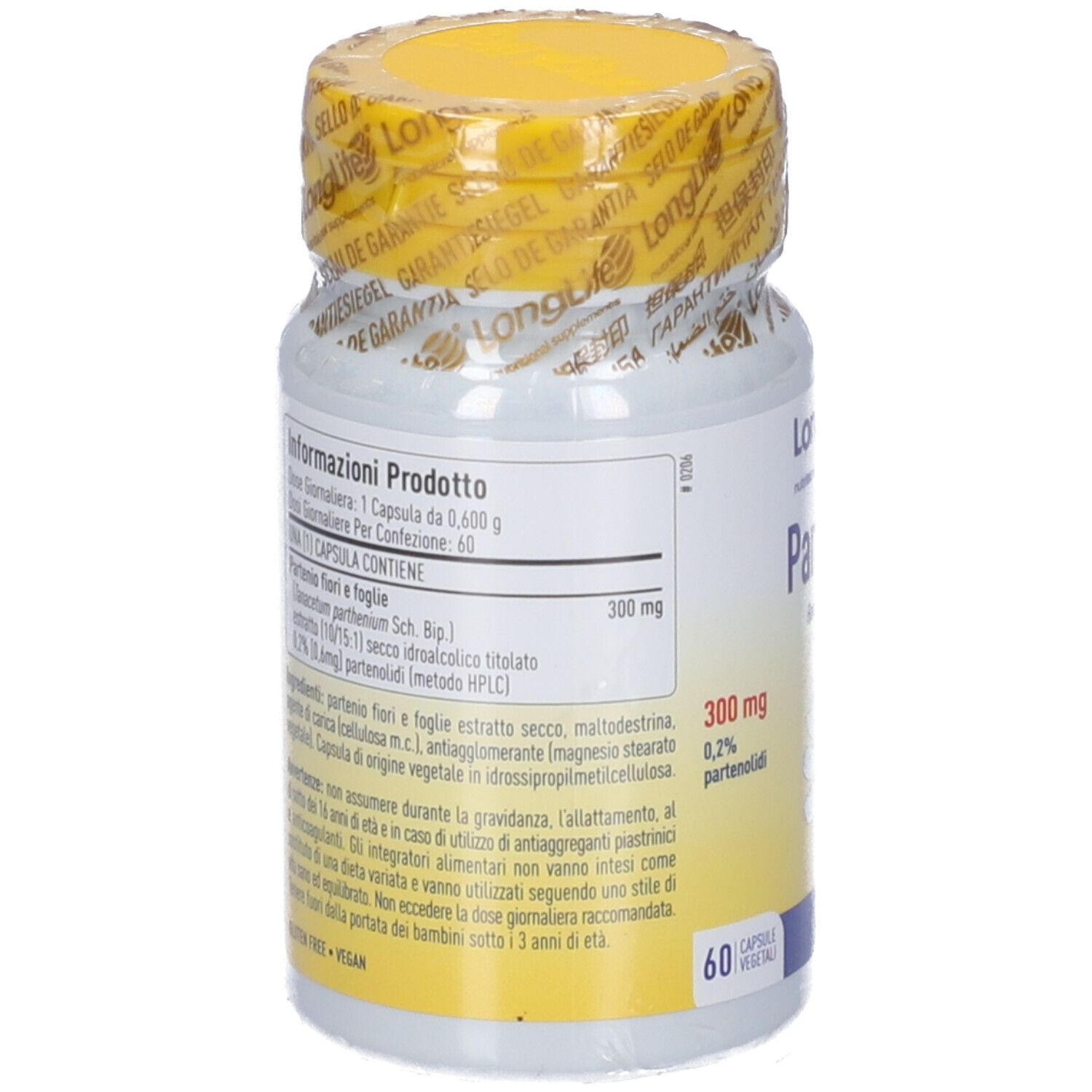 Retro del flacone di pillole bianco con coperchio giallo. Informazioni testuali in italiano. Scritta: LongLife Partenio.