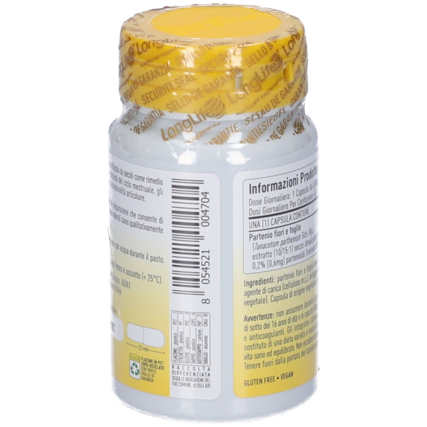 Retro del flacone di pillole bianco con coperchio giallo. Informazioni testuali in italiano. Scritta: LongLife Partenio.