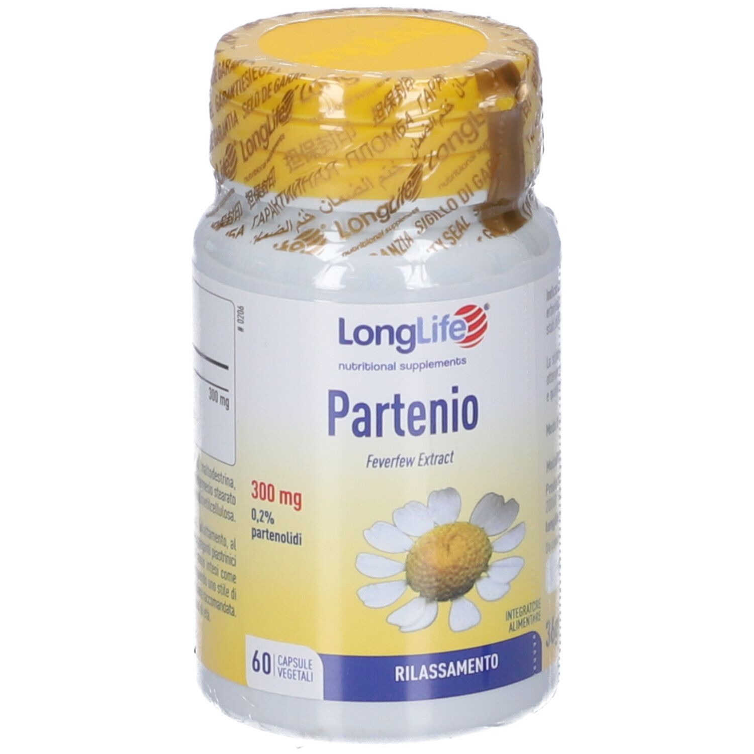 Flacone di pillole bianco con coperchio giallo. Scritta: LongLife Partenio, 300 mg, 60 capsule. Illustrazione di camomilla.
