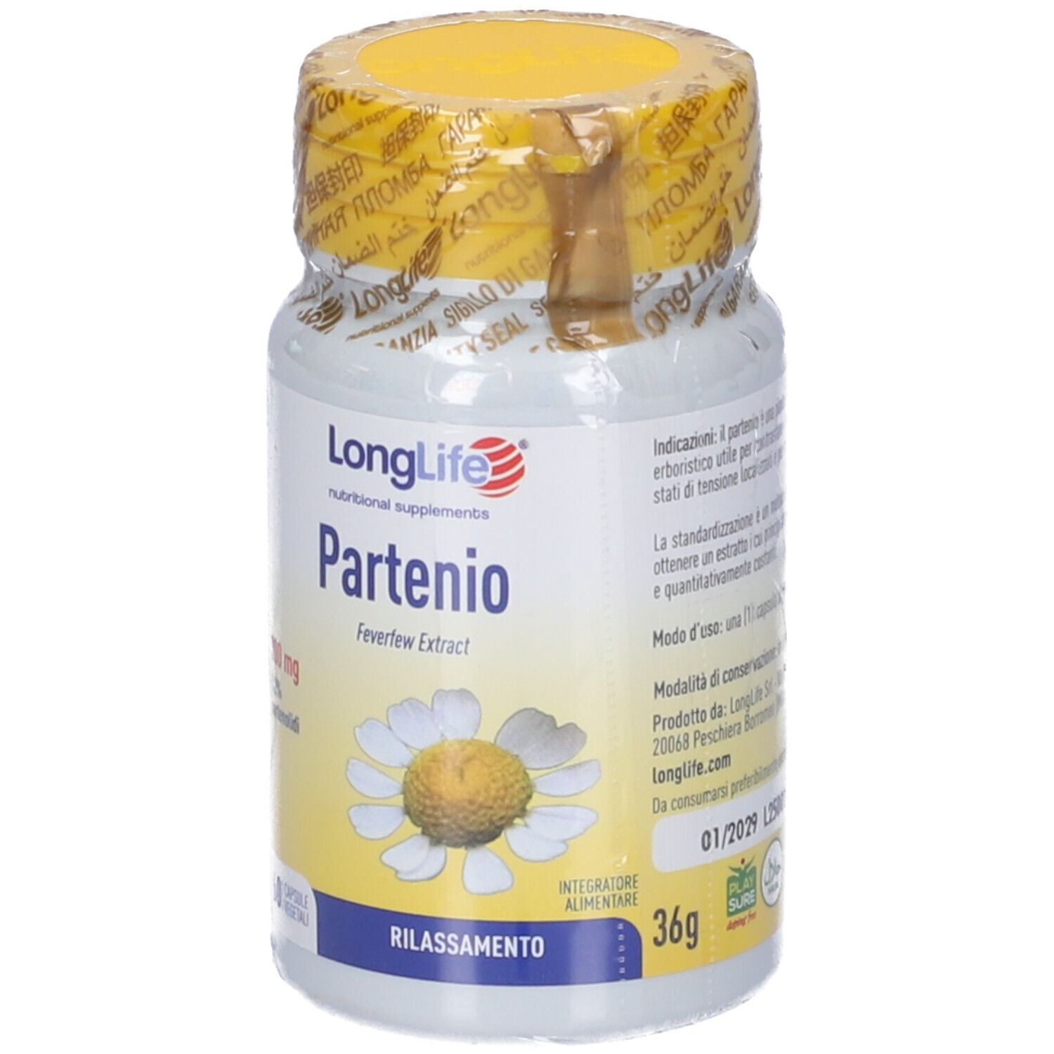 Flacone di pillole bianco con coperchio giallo. Scritta: LongLife Partenio, 300 mg, 60 capsule. 36g. Illustrazione di camomilla.