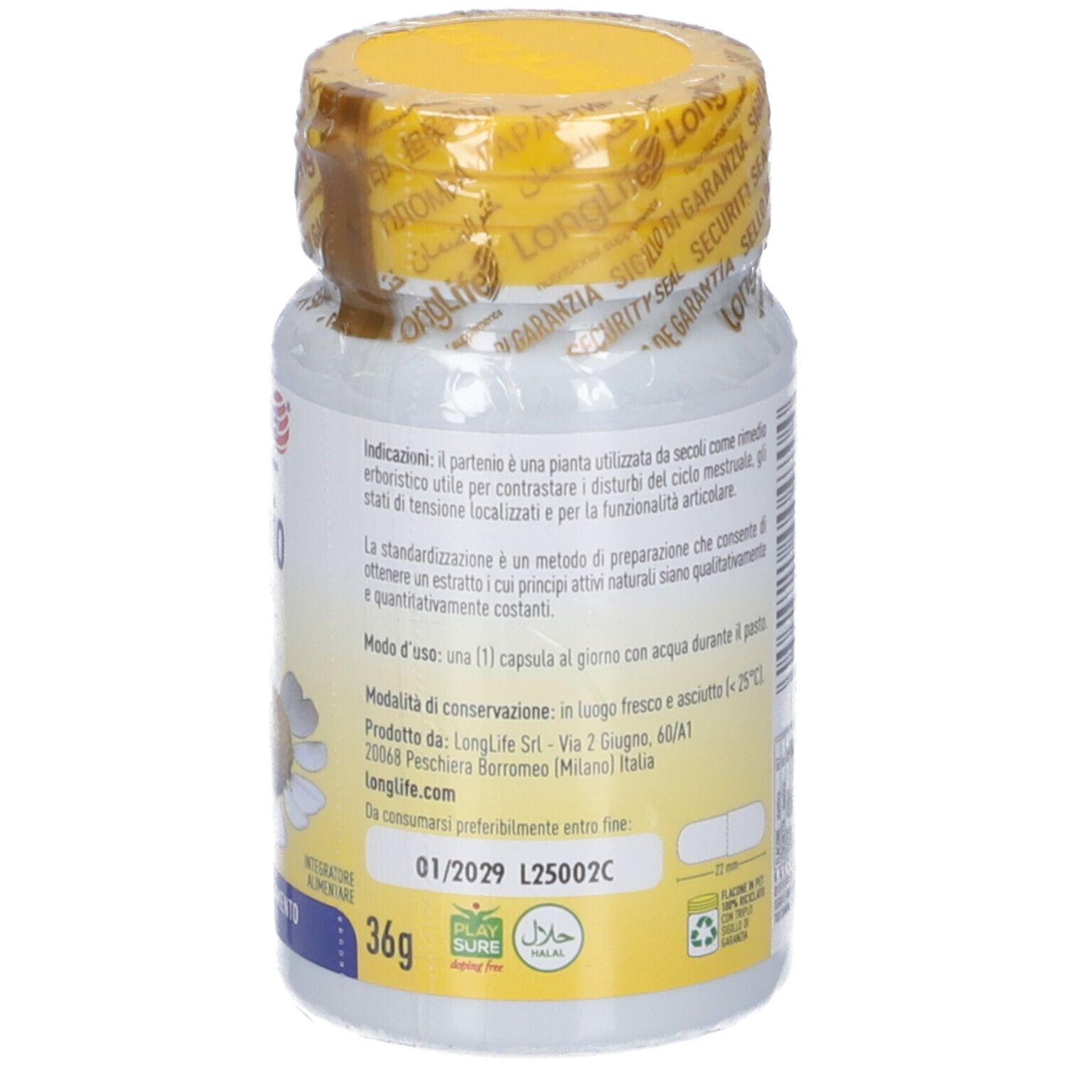 Retro del flacone di pillole bianco con coperchio giallo. Informazioni testuali in italiano. 36g. Scritta: LongLife.