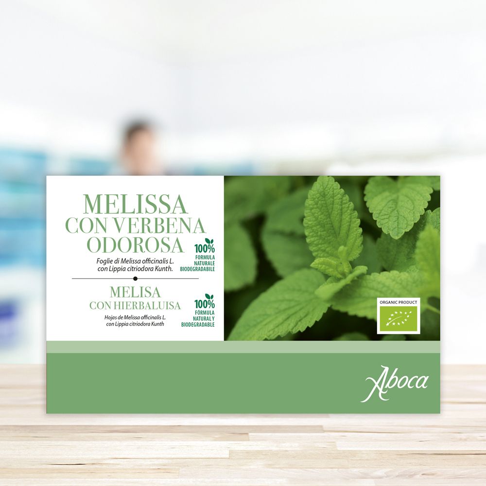 Confezione verde con testo: Melissa con Verbena Odorosa, formula naturale al 100%. Logo Aboca. Certificazione biologica.
