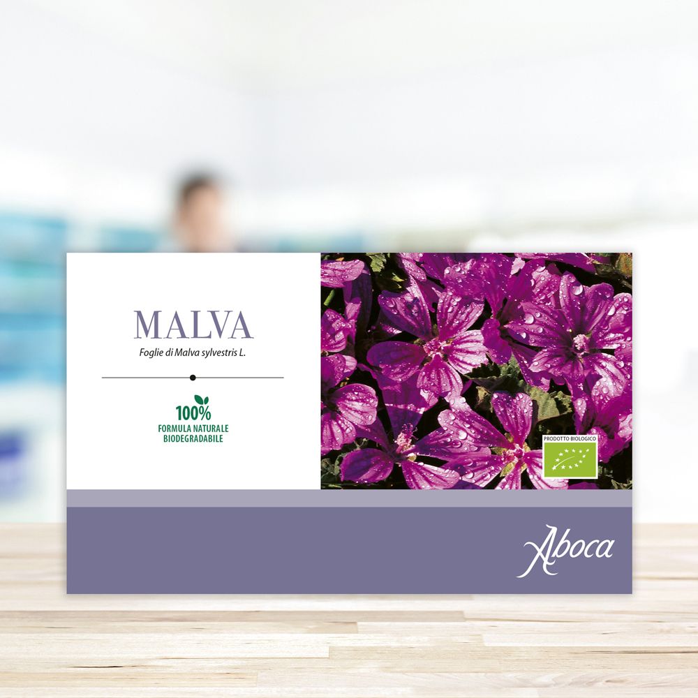 Confezione con fiori di malva e testo: MALVA, Aboca, 100% biodegradabile. Marchio biologico.