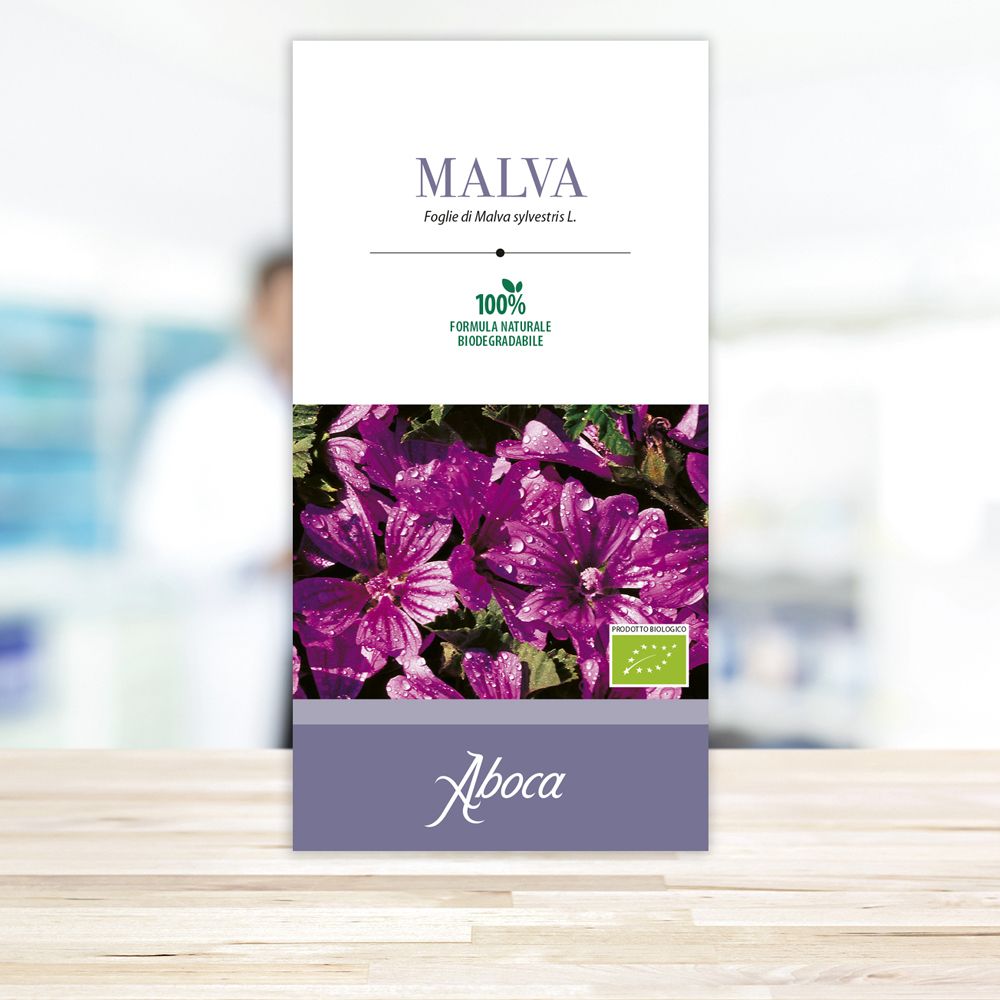 Confezione con fiori di malva e testo: MALVA, Aboca, 100% biodegradabile. Marchio biologico.