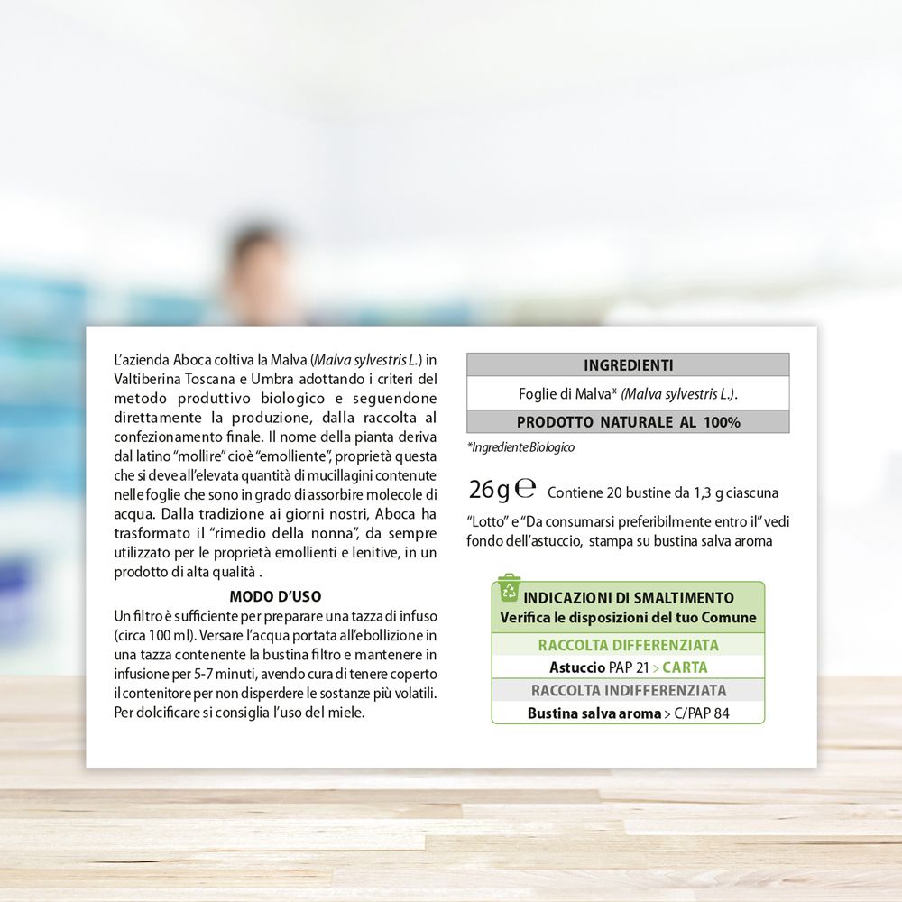 Confezione con testo e informazioni sugli ingredienti. Contiene 20 bustine da 1,3 g. Testo: Ingredienti, modo d'uso, Aboca.