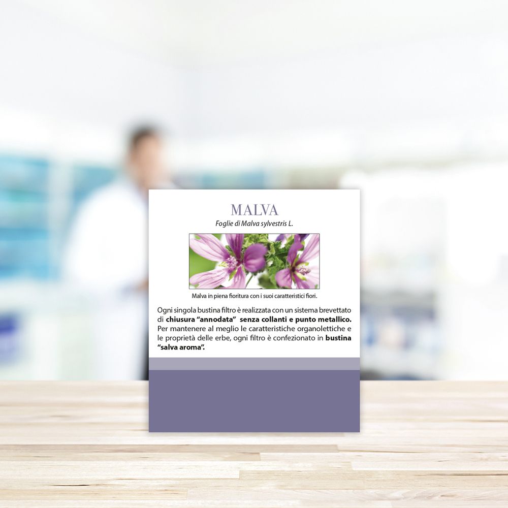 Confezione con fiori di malva e testo: MALVA, Aboca. Singole bustine senza colla e punti metallici.