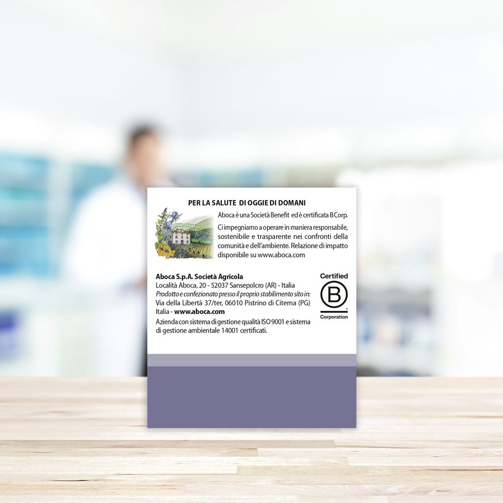 Confezione con testo: Aboca, certificazione B Corp. Indirizzo e contatti. Logo.