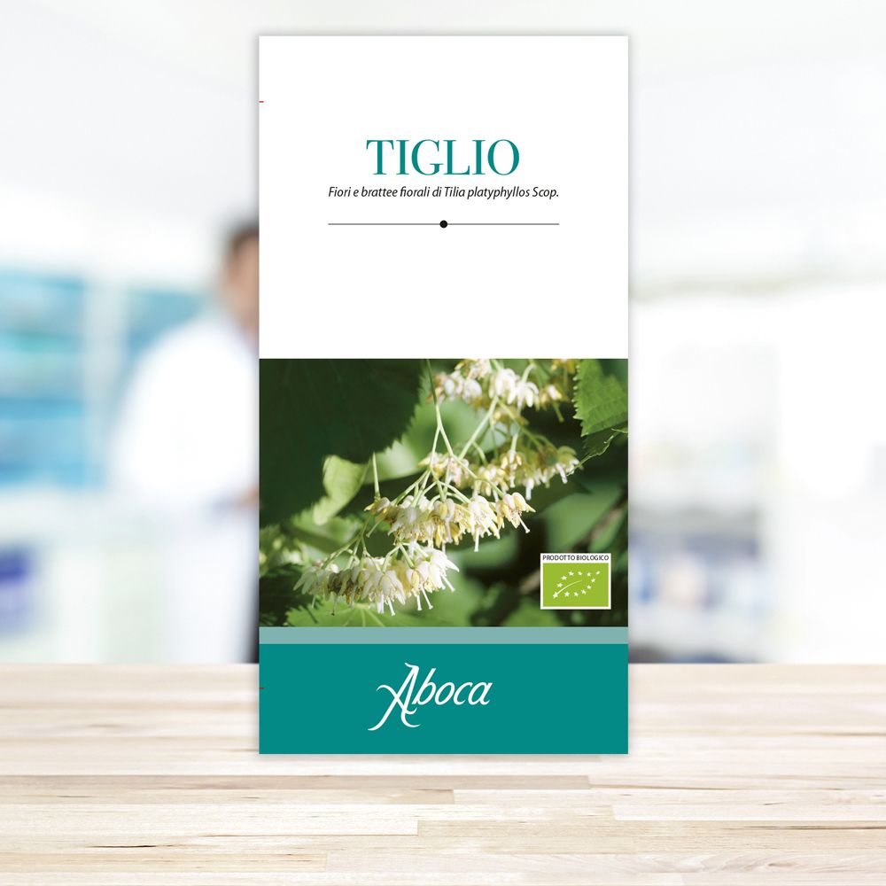Confezione Tiglio con logo Aboca, marchio biologico e immagine di fiori. Orientamento verticale.
