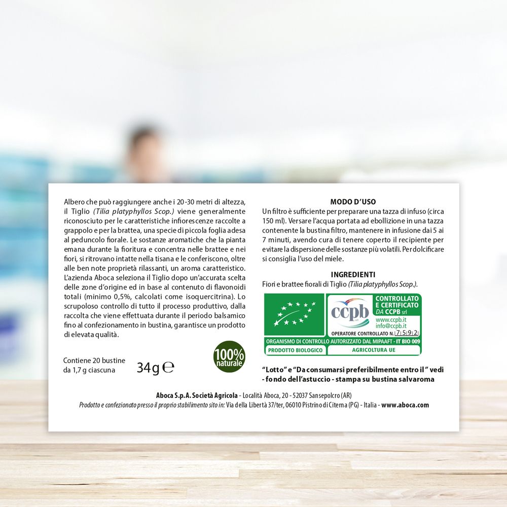 Retro della confezione Tiglio. Testo con ingredienti, preparazione e certificazione biologica.
