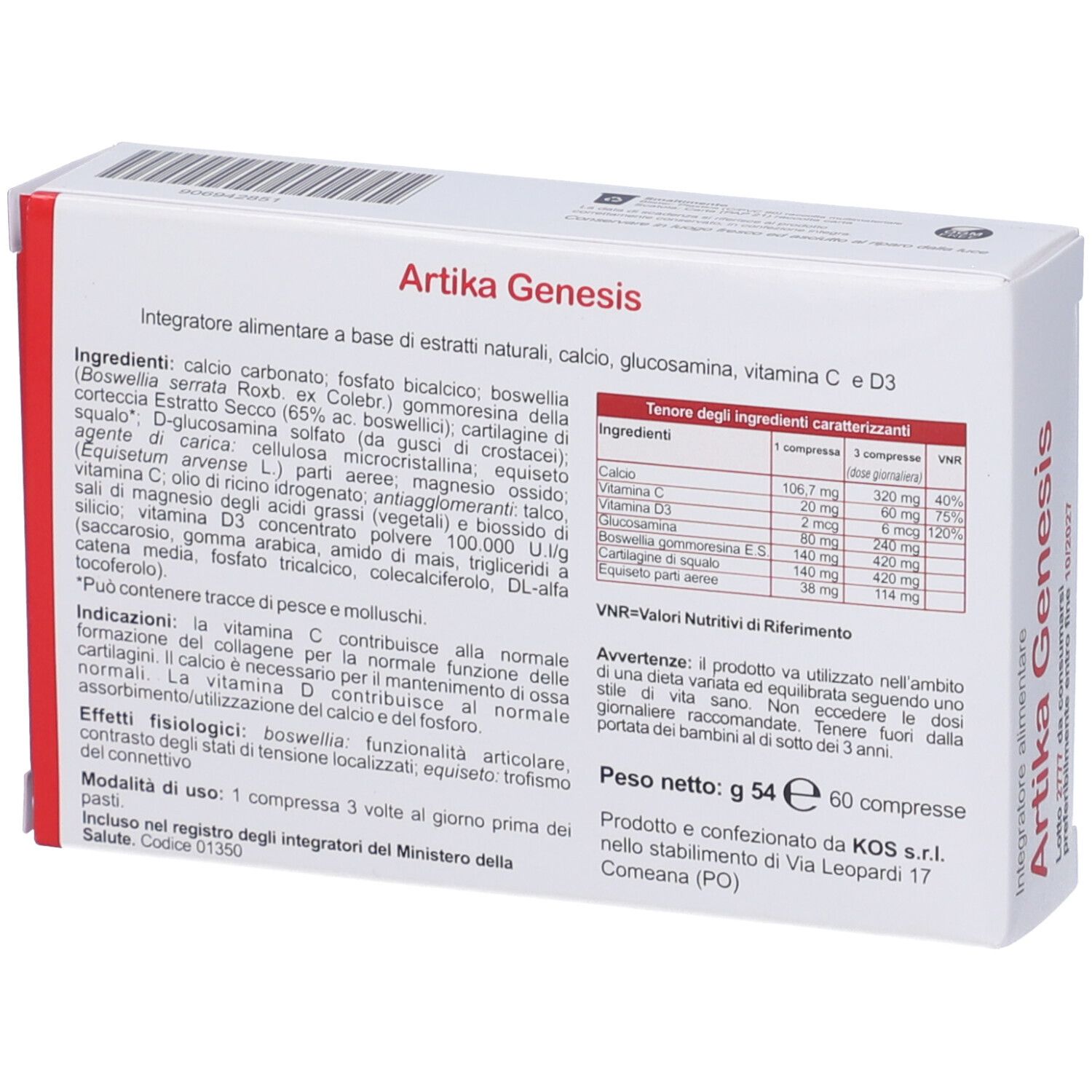 Retro della scatola "Artika Genesis". Contiene ingredienti, informazioni nutrizionali e produttore.