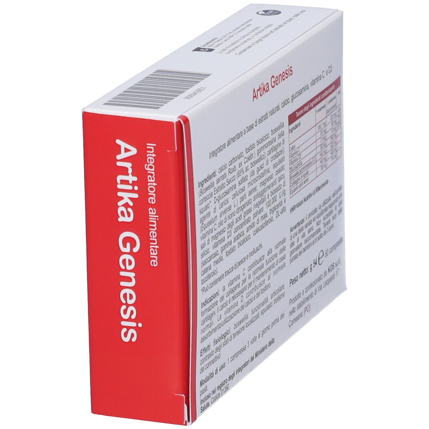 Scatola "Artika Genesis" con informazioni sugli ingredienti. Lato rosso con nome e logo.