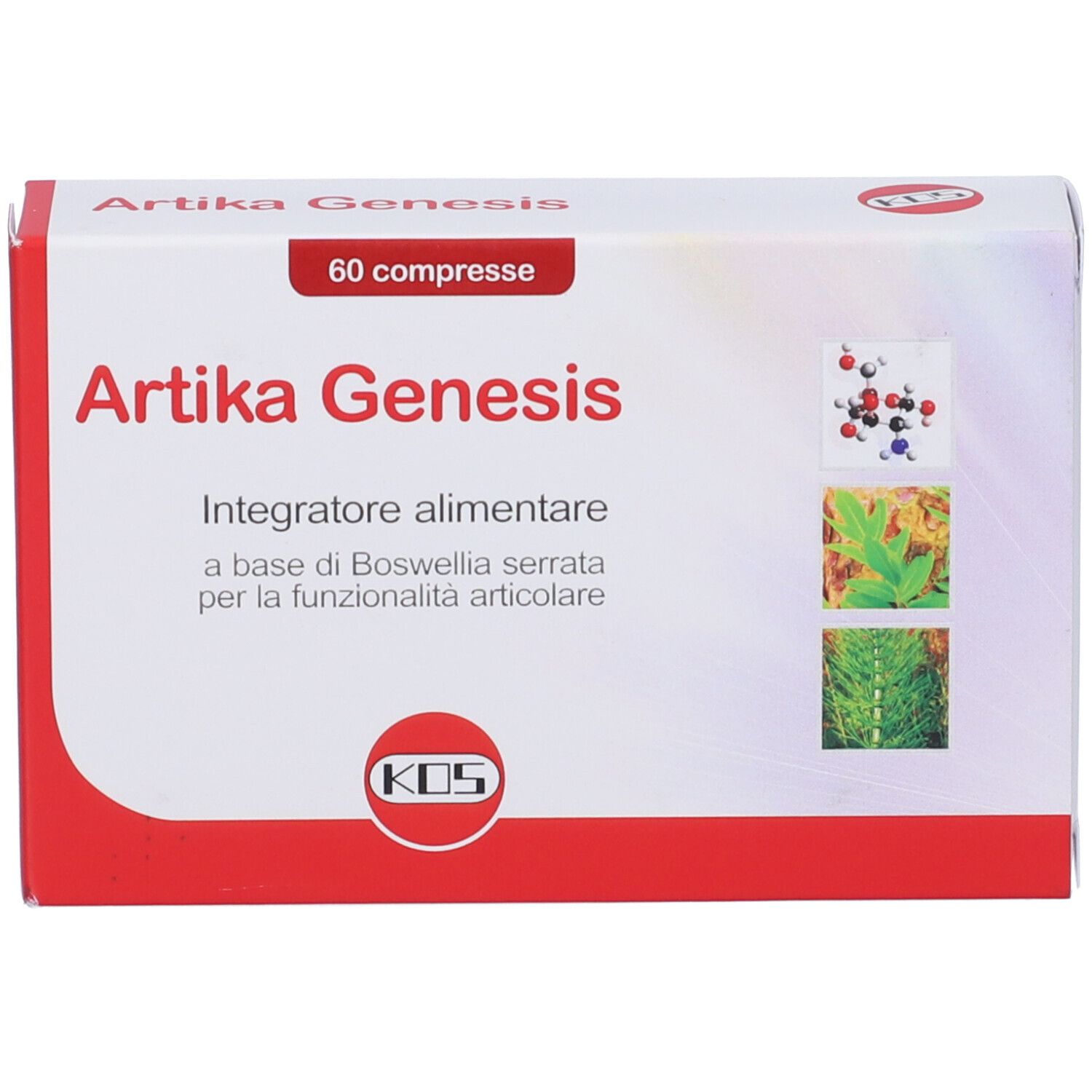 Scatola "Artika Genesis" con 60 compresse. Confezione rossa e bianca con nome e logo.