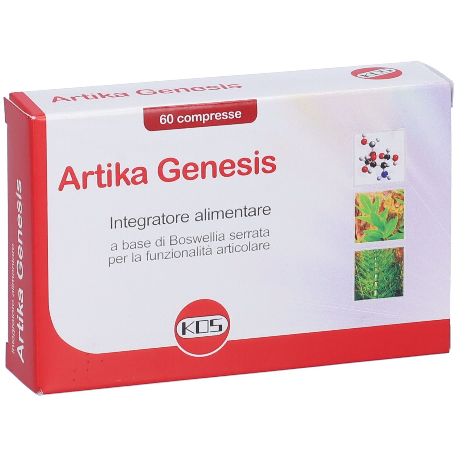 Scatola "Artika Genesis" con 60 compresse. Confezione rossa e bianca con nome e logo.