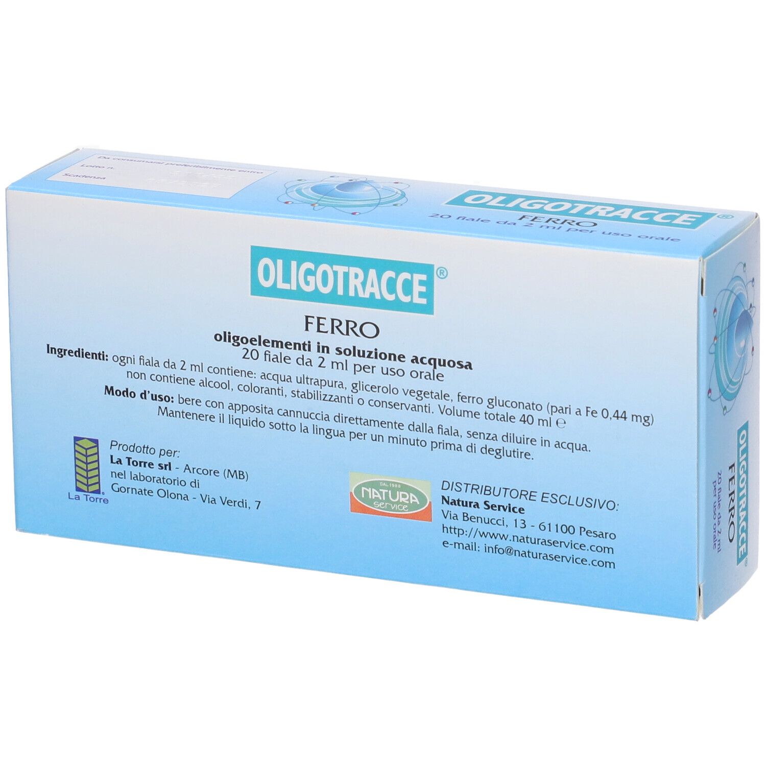 Retro confezione Oligotracce Ferro. Scatola blu con ingredienti e istruzioni. 20 fiale.