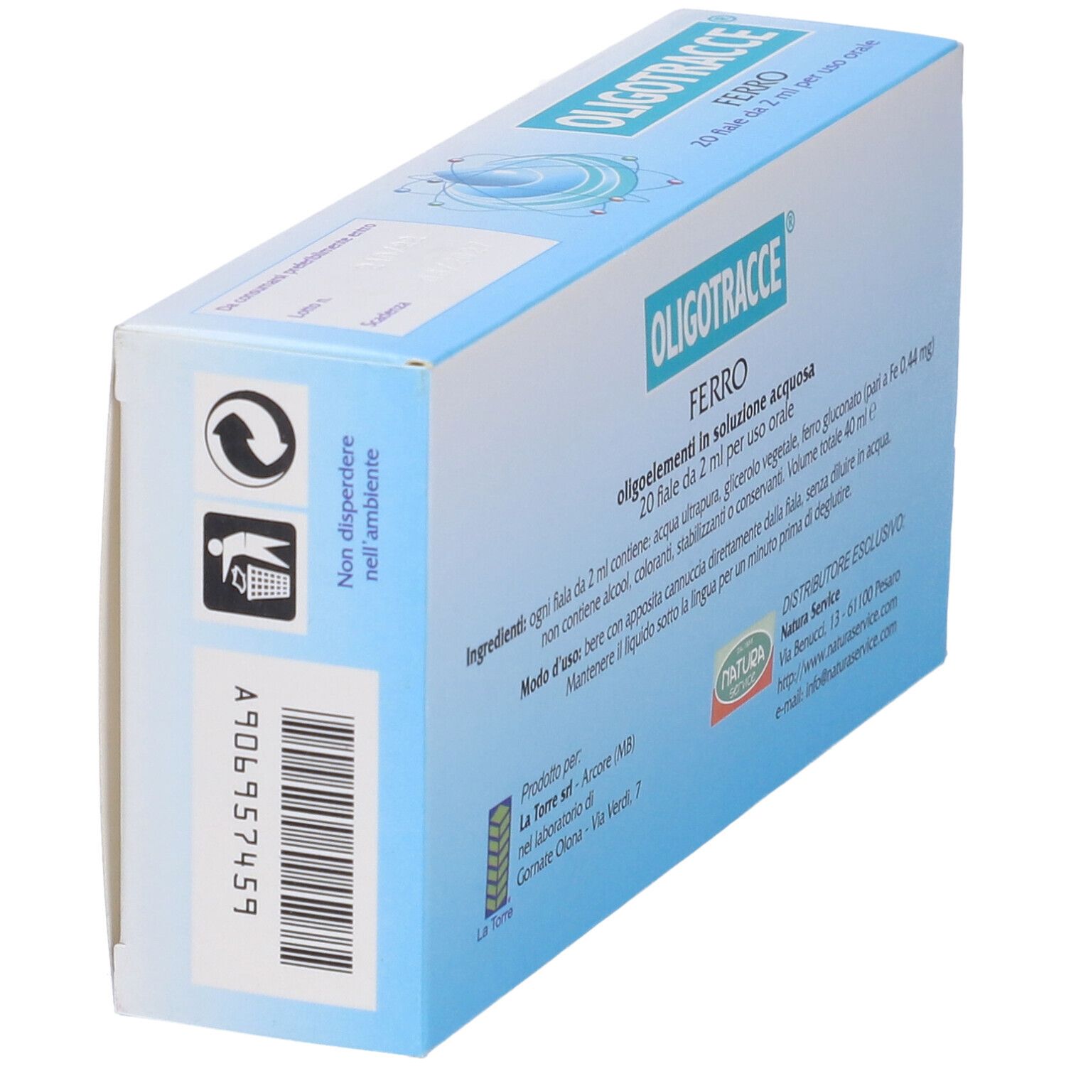 Retro confezione Oligotracce Ferro. Scatola blu con simboli riciclo e dettagli. 20 fiale.