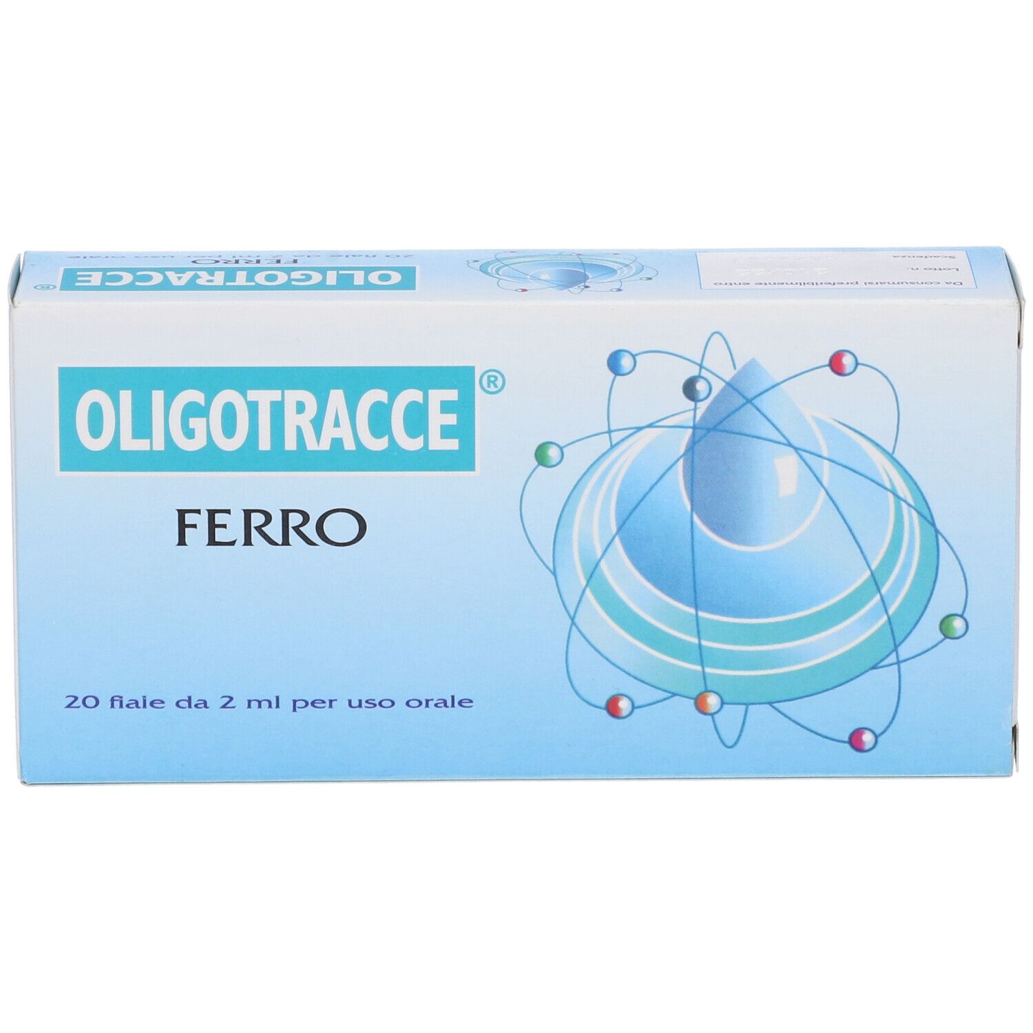Confezione Oligotracce Ferro. Scatola blu con nome prodotto e dettagli. 20 fiale da 2 ml.