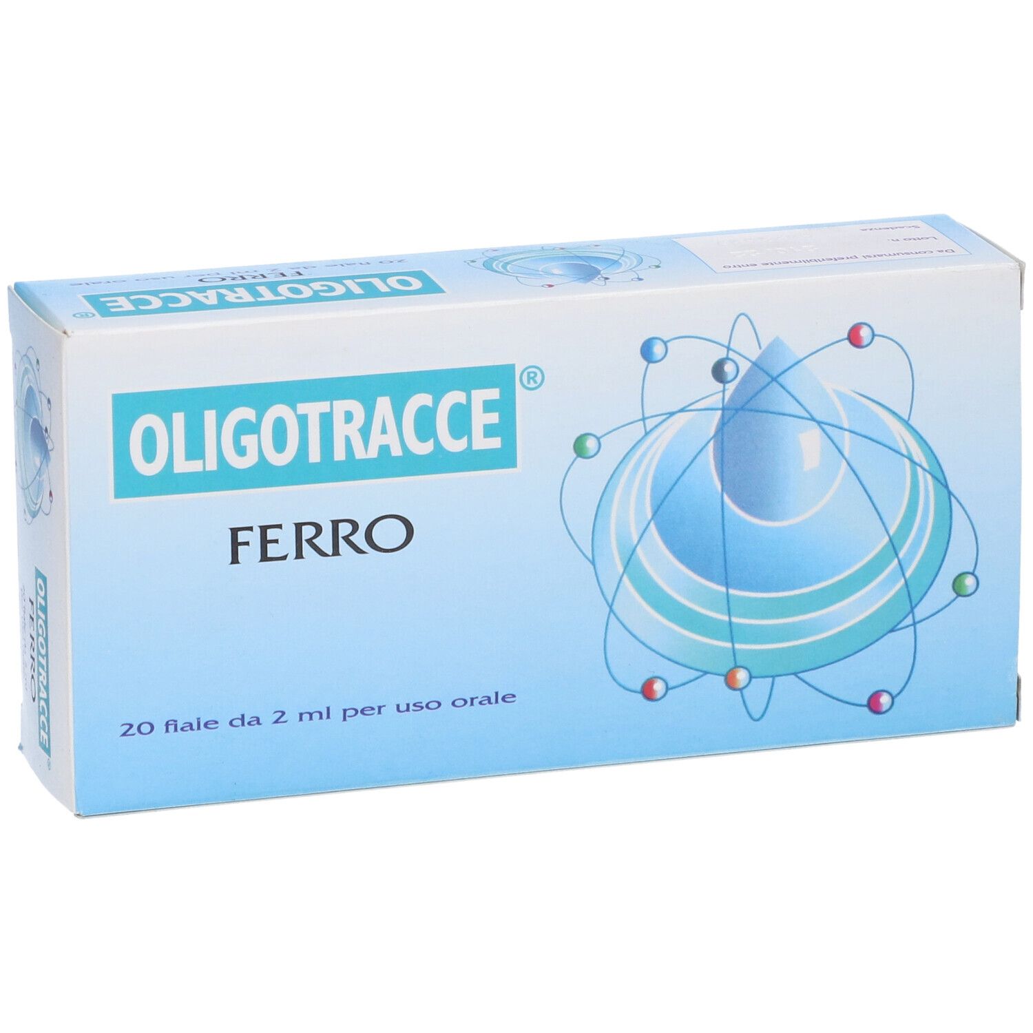 Confezione Oligotracce Ferro. Scatola blu con nome prodotto e dettagli. 20 fiale da 2 ml.