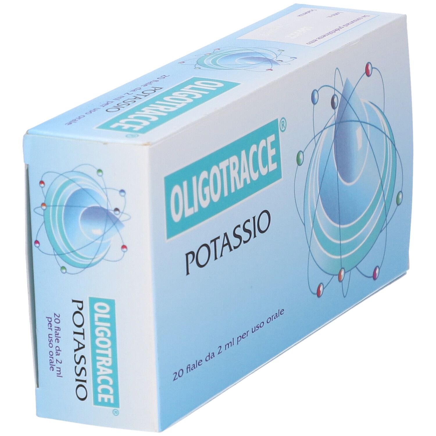 Vista angolata della confezione Oligotracce Potassio. Nome e dettagli del prodotto ben visibili.