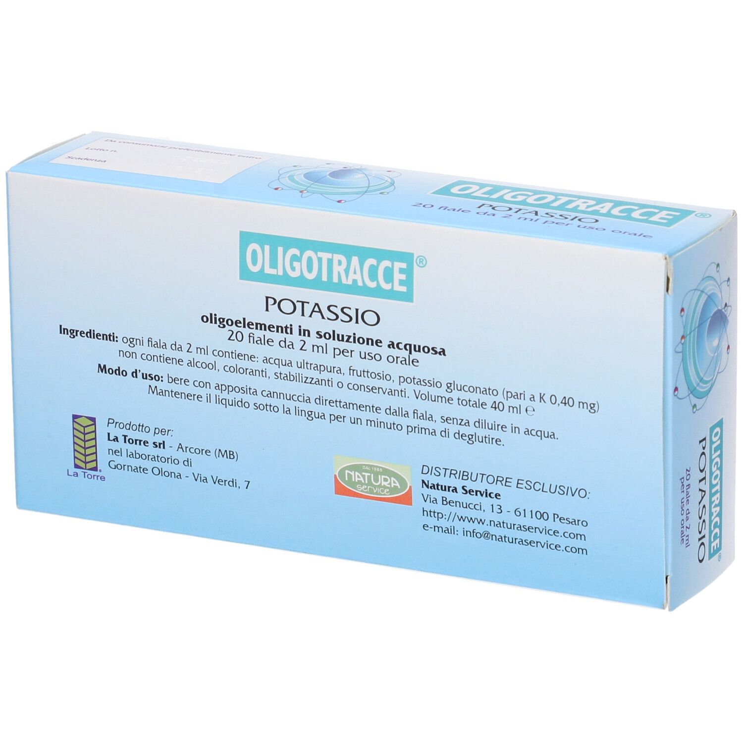 Confezione Oligotracce Potassio con testo. Contiene 20 fiale. Ingredienti e istruzioni visibili.