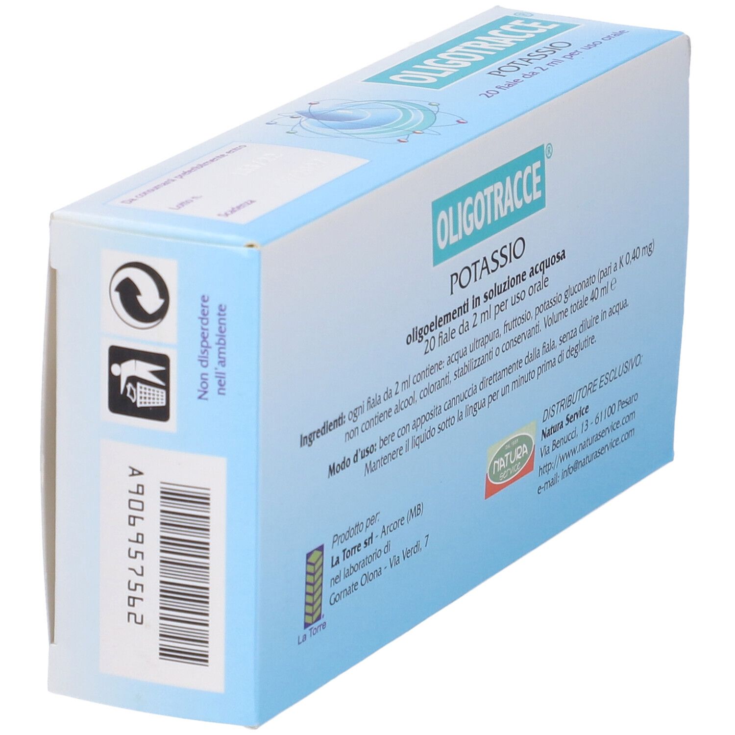 Retro della confezione Oligotracce Potassio. Testo e loghi visibili. Istruzioni di smaltimento.