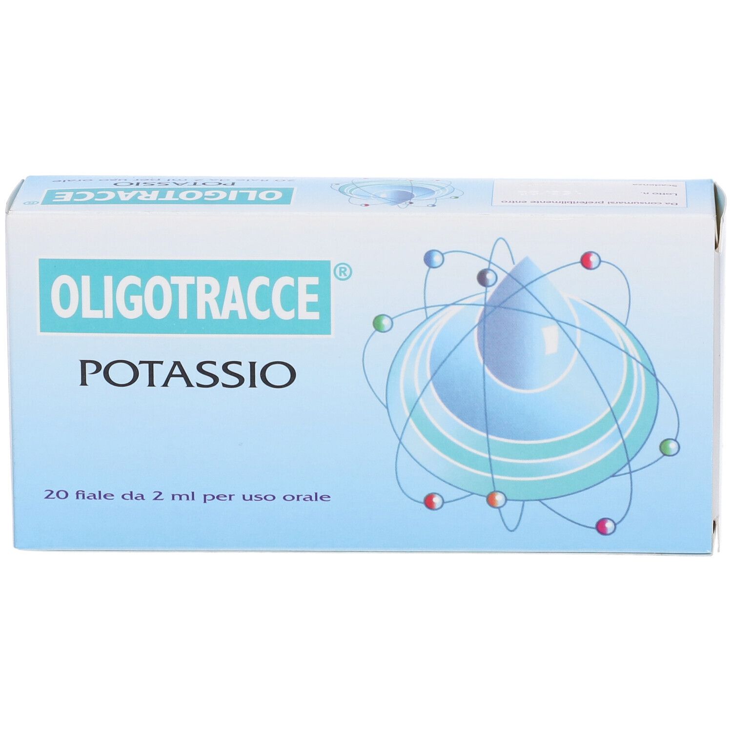 Fronte della confezione Oligotracce Potassio. Nome e logo del prodotto ben visibili. 20 fiale.