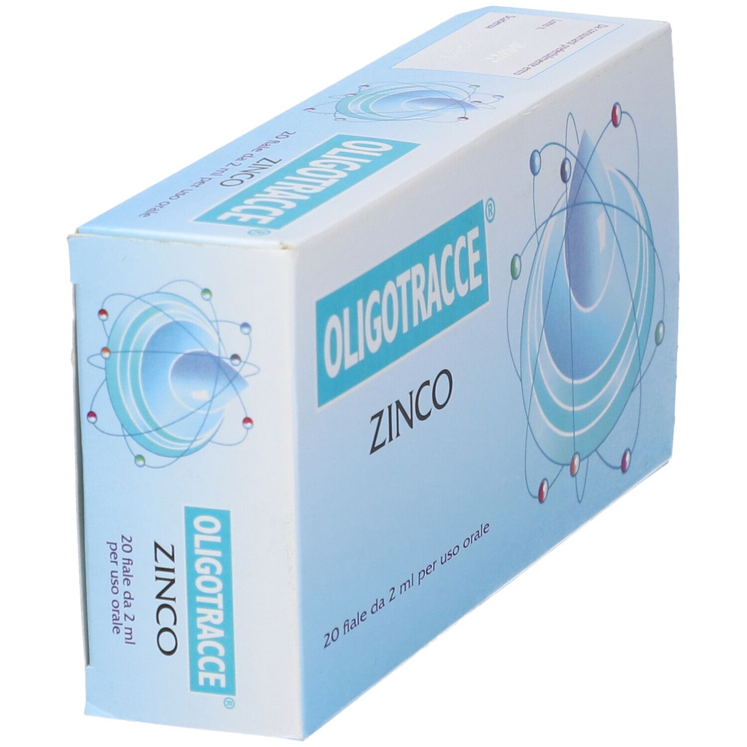 Scatola Oligotracce Zinco, angolata. Blu, con nome del prodotto e dettagli.