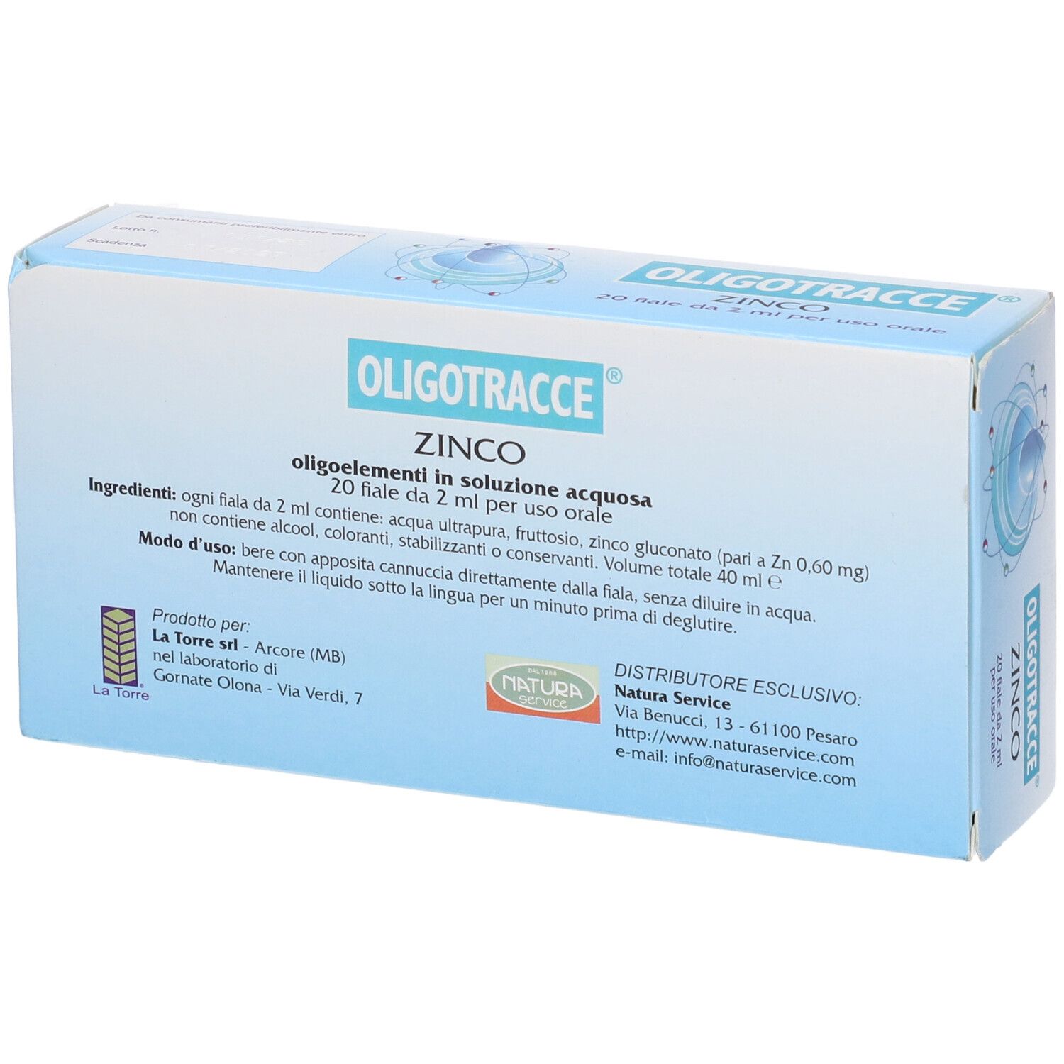 Retro della scatola Oligotracce Zinco. Testo con ingredienti, uso e produttore.