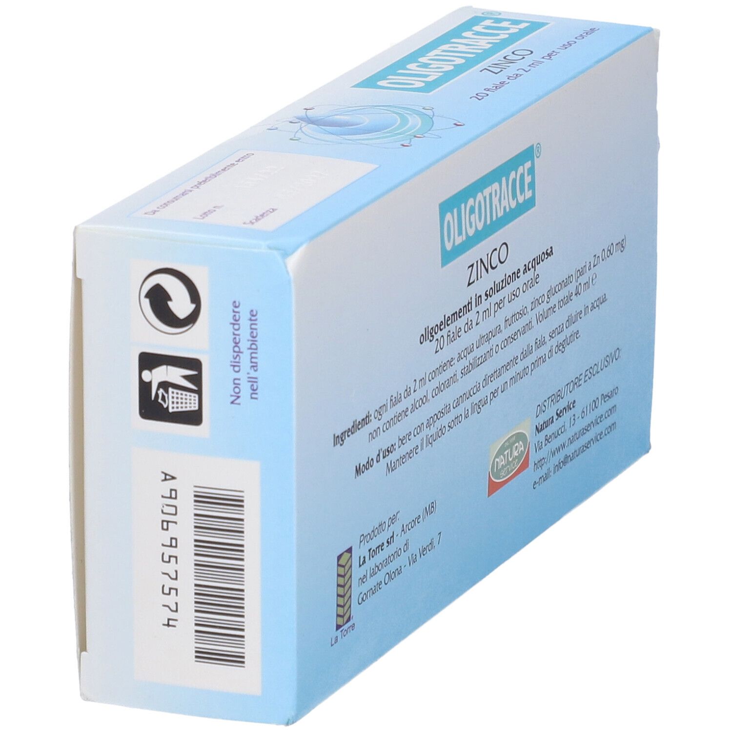 Retro della scatola Oligotracce Zinco. Testo, simbolo riciclo e codice a barre.