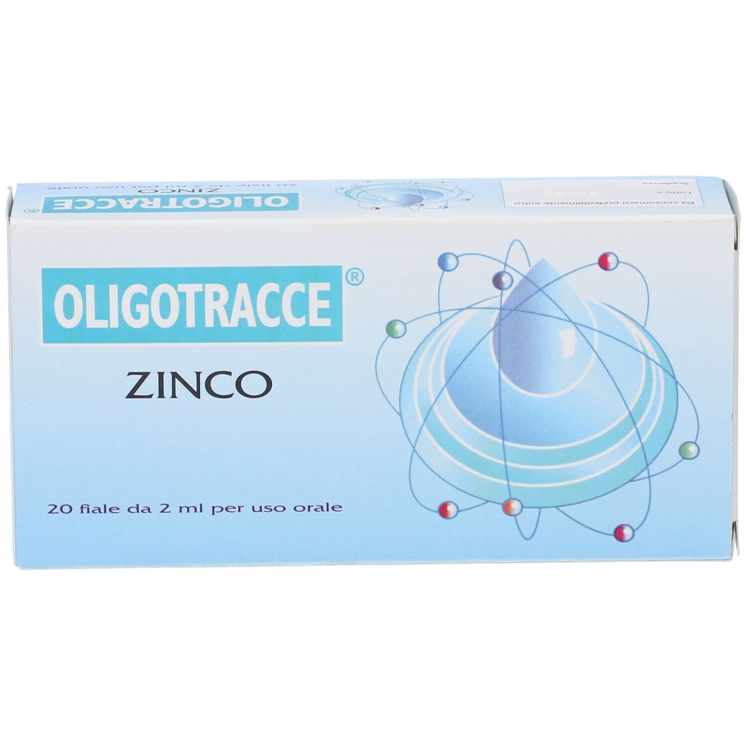 Scatola Oligotracce Zinco. Blu, con nome del prodotto e dettagli.