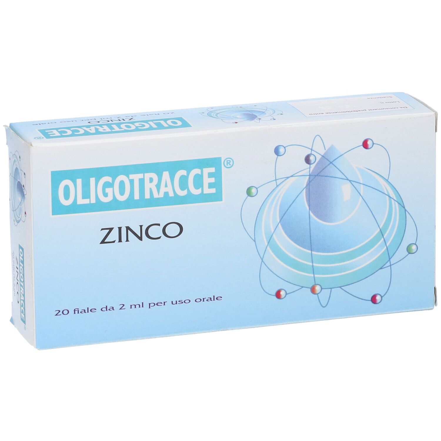 Scatola Oligotracce Zinco. Blu, con nome del prodotto e dettagli.